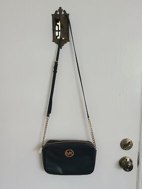 Michael Kors Black Leather Crossbody with Gold MK Logo & Chain